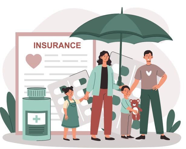 Family under umbrella with insurance documents.