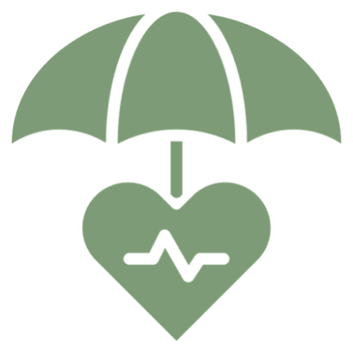 Heart icon under umbrella with heartbeat line.